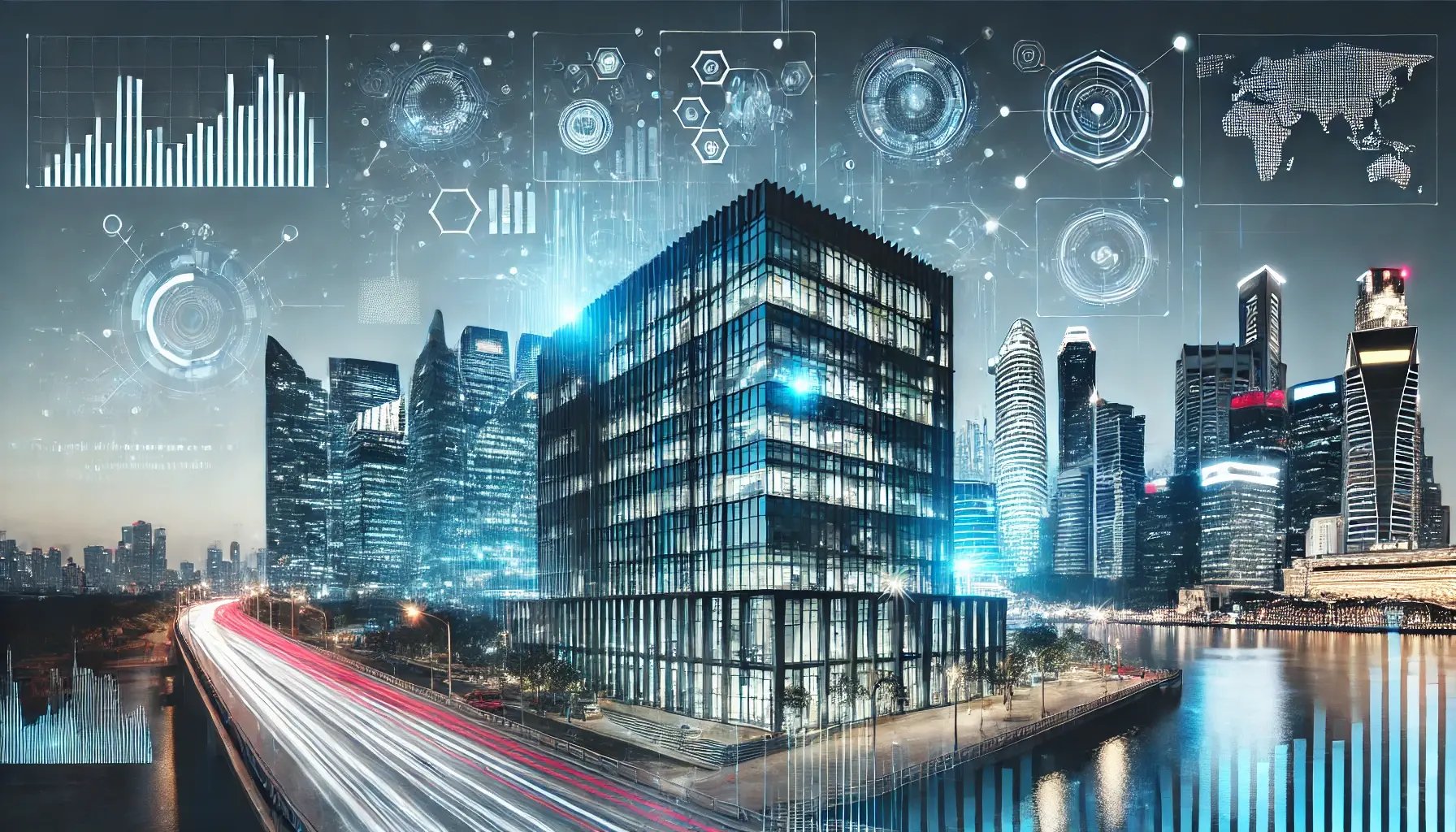 DALL·E 2024-07-15 21.35.52 - A sleek, modern commercial building with a digital overlay representing data and analytics. The building is surrounded by abstract digital elements su