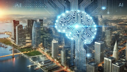 DALL·E 2024-07-15 21.37.37 - A conceptual image showing an AI brain with a city skyline in the background, symbolizing AIs impact on urban real estate. The AI brain is depicted w