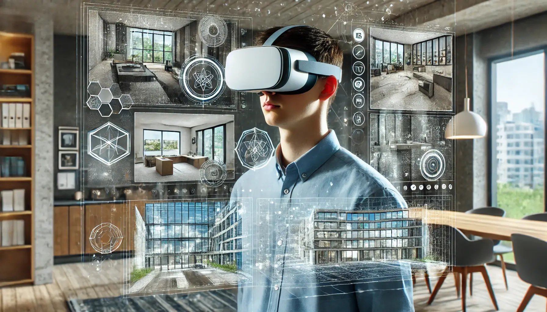 DALL·E 2024-07-15 21.40.17 - A person wearing a VR headset, immersed in a virtual tour of a commercial property. The person is standing in a modern room, with digital elements and