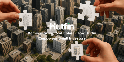 Aerial view of a modern city skyline with hands placing illustrated building puzzle pieces into the city, symbolizing fractional ownership and democratization of real estate. Text overlay reads: ‘Democratizing Real Estate: How Hutfin Empowers Small Investors.’