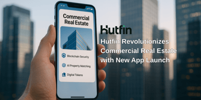 A hand holds a smartphone displaying the Hutfin commercial real estate app with features like blockchain security, AI property matching, and digital tokens. In the background, modern skyscrapers rise against the evening sky. Text overlay reads: “Hutfin Revolutionizes Commercial Real Estate with New App Launch.”