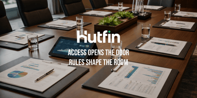 Modern boardroom table set for a meeting, with financial reports, tablets displaying analytics, and neatly arranged seating.