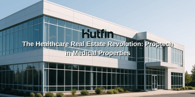 A modern glass-and-white medical office building under clear blue skies, representing the rise of healthcare real estate and proptech integration.
