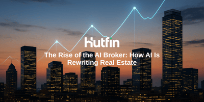 Panoramic city skyline at dusk with glowing blue predictive graph lines rising above skyscrapers, symbolizing AI’s impact on real estate, with the text “The Rise of the AI Broker: How AI Is Rewriting Real Estate.”
