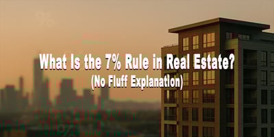 Urban sunset cityscape with a modern apartment building in the foreground and a blurred skyline in the background.