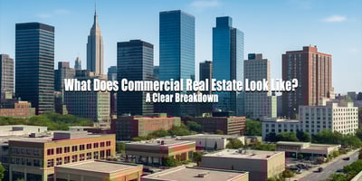 Panoramic view of New York City commercial real estate with modern office towers, mid-rise buildings, and retail spaces, overlaid with the blog title “What Does Commercial Real Estate Look Like? A Clear Breakdown” in bold white text at the center.