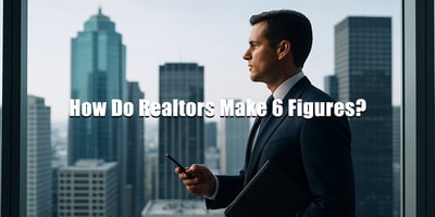 Professional real estate agent in a suit standing by a window overlooking a modern city skyline with skyscrapers, holding a phone and portfolio. Centered overlay text reads: 'How real estate agents actually make six figures.