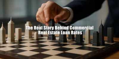 A hand in a business suit moves a skyscraper-shaped chess piece on a chessboard filled with miniature buildings, symbolizing strategic decision-making in commercial real estate investing.