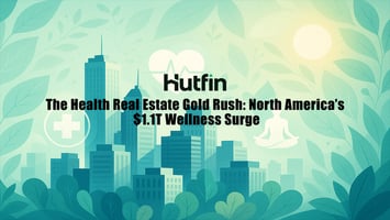 City skyline blended with wellness imagery including leaves, medical cross, heartbeat icon, and yoga figure, symbolizing the growth of health-focused real estate.