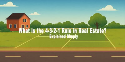 Illustration of a land plot divided into four sections with a house near the road, trees in the background, and text overlay asking: What is the 4-3-2-1 Rule in Real Estate? Explained Simply.