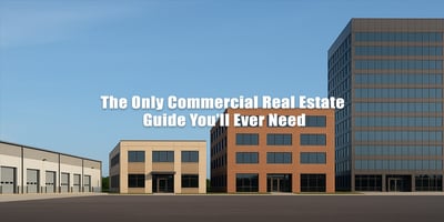 A row of commercial buildings increasing in size from a warehouse to mid-rise and high-rise offices, symbolizing growth in commercial real estate.
