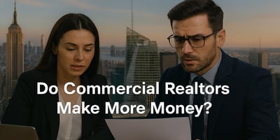 Two real estate professionals reviewing documents with a modern city skyline in the background at sunset. Centered overlay text reads: 'Do Commercial Realtors Make More Money?