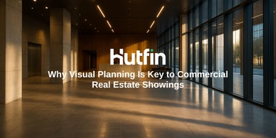 Modern commercial building lobby with sleek design, large glass windows, and warm natural light, representing professional real estate showings.