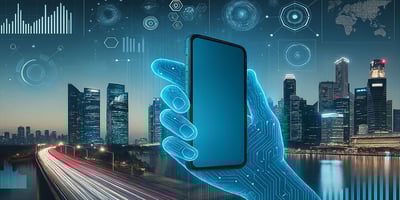 Futuristic digital hand holding a smartphone against a city skyline, representing real estate technology and innovation