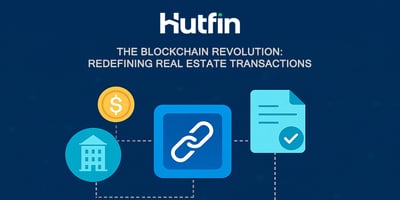 A digital banner titled "The Blockchain Revolution," featuring futuristic graphics of buildings, blockchain icons, and glowing data streams to represent innovation in property technology.
