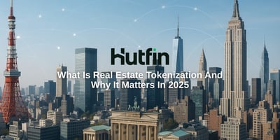 A composite skyline featuring landmarks from New York, Tokyo, and Berlin under clear daylight, with subtle digital network lines and the Hutfin logo centered above the title “What Is Real Estate Tokenization And Why It Matters In 2025.”