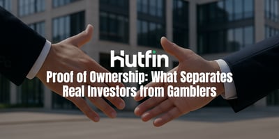 Two outstretched hands almost forming a handshake but intentionally pulled apart, positioned in front of a modern commercial building. The visual symbolizes that real investors rely on verified ownership, not handshakes or trust alone.