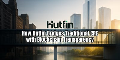 A sleek glass pedestrian bridge connecting an older shadowed cityscape to a modern sunlit skyline, representing the transition from traditional real estate to transparent digital systems.