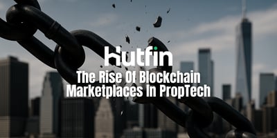 A close-up of a heavy metal chain breaking apart in front of a modern city skyline, symbolizing the disruption of traditional real estate systems through blockchain technology.