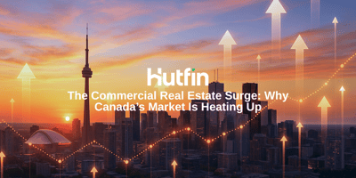 Toronto skyline at sunset with financial growth arrows rising, symbolizing Canada’s surging commercial real estate market.