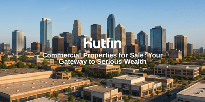 Wide-angle city skyline with modern office towers, retail centers, and industrial buildings in the foreground, representing the scale and wealth potential of commercial real estate.