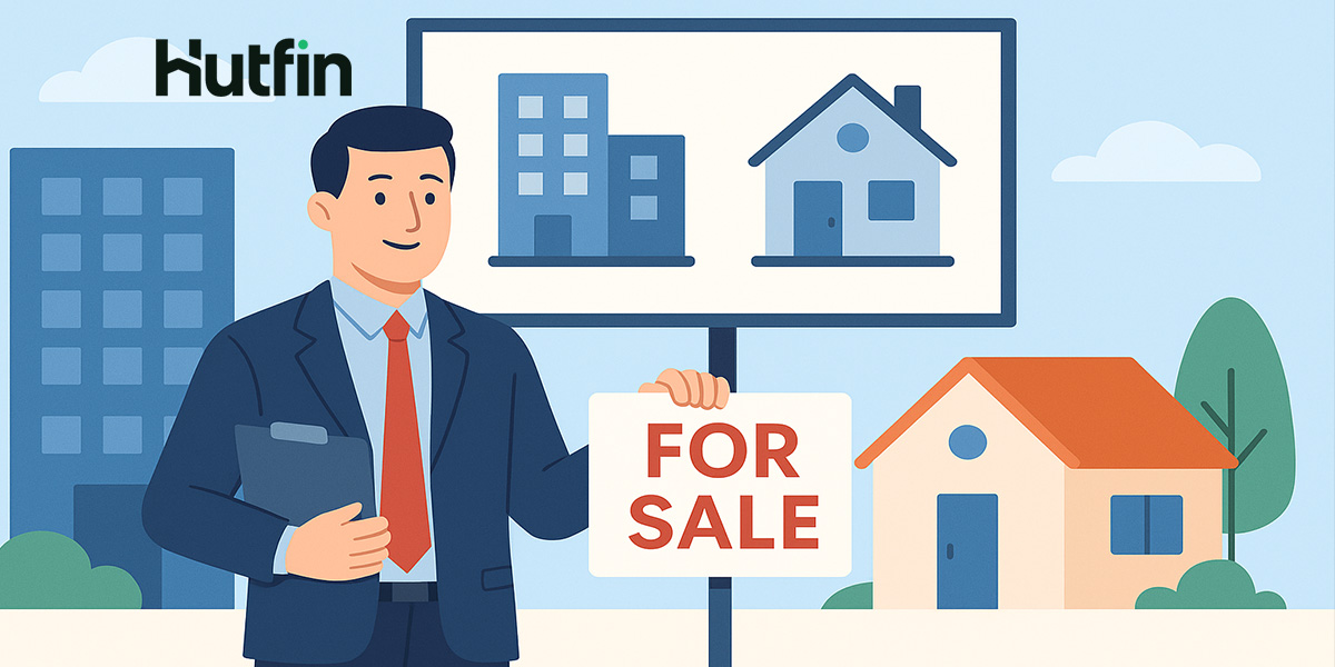 Flat-style digital illustration of a commercial real estate professional showcasing a property layout on a screen, symbolizing CRE technology and innovation.