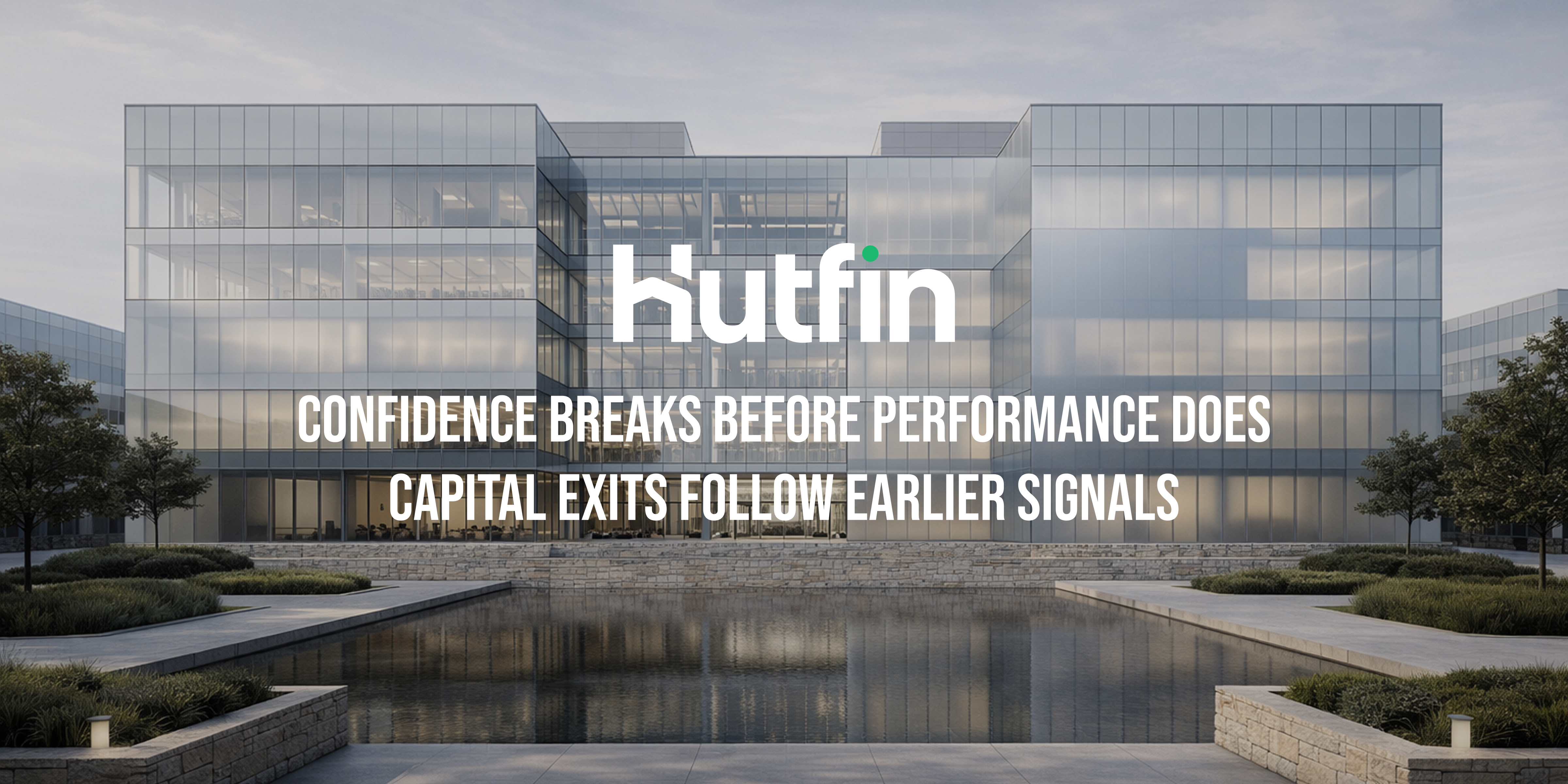 Modern glass office building reflected in a water feature, representing stability and transparency in commercial real estate operations.