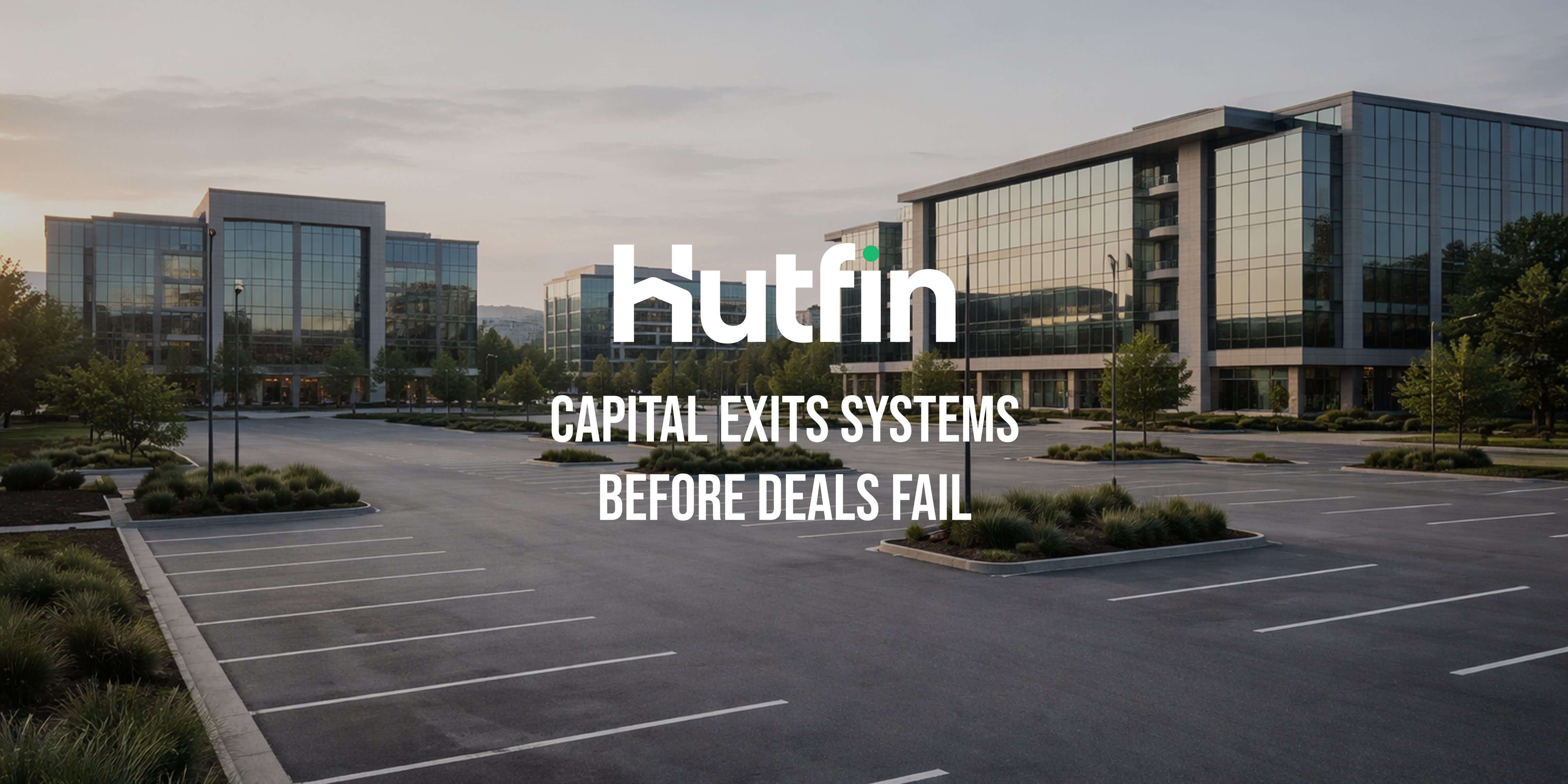 Modern office buildings surrounding an empty parking lot, viewed from a wide, symmetrical perspective in early daylight.