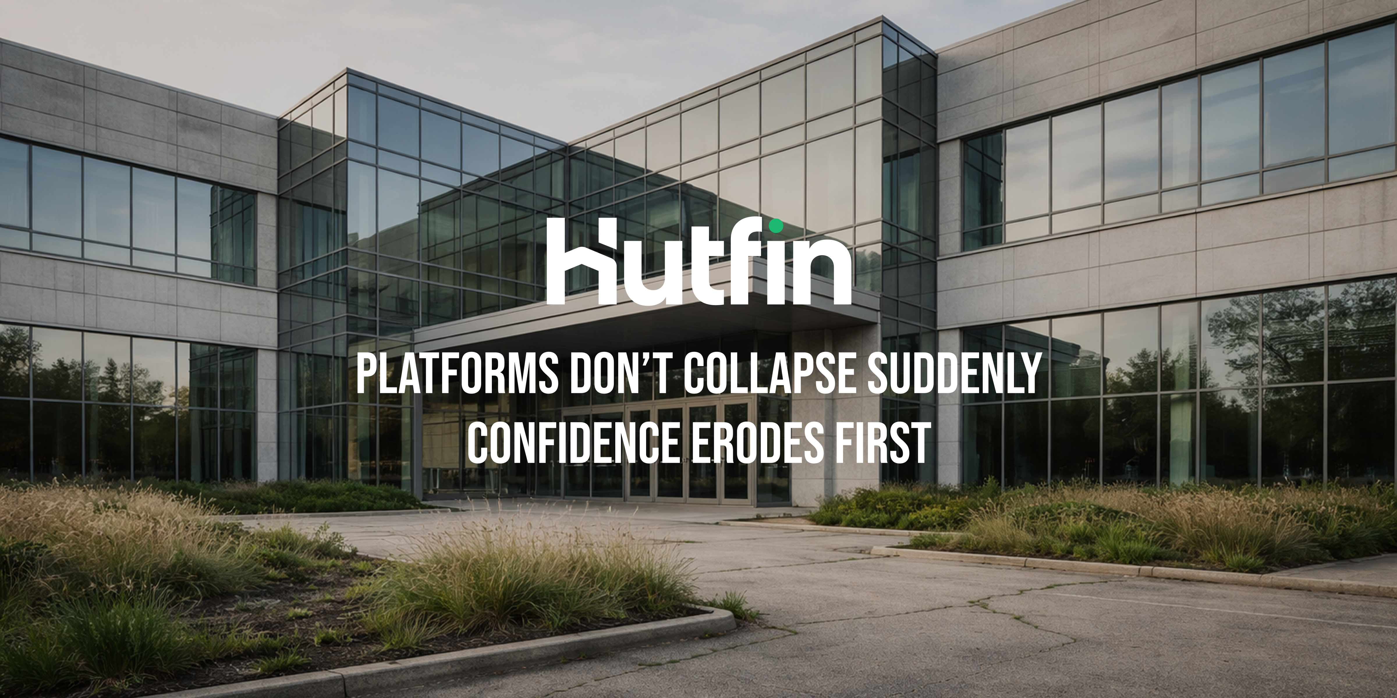 Modern glass office building with a quiet, symmetrical facade and empty entryway