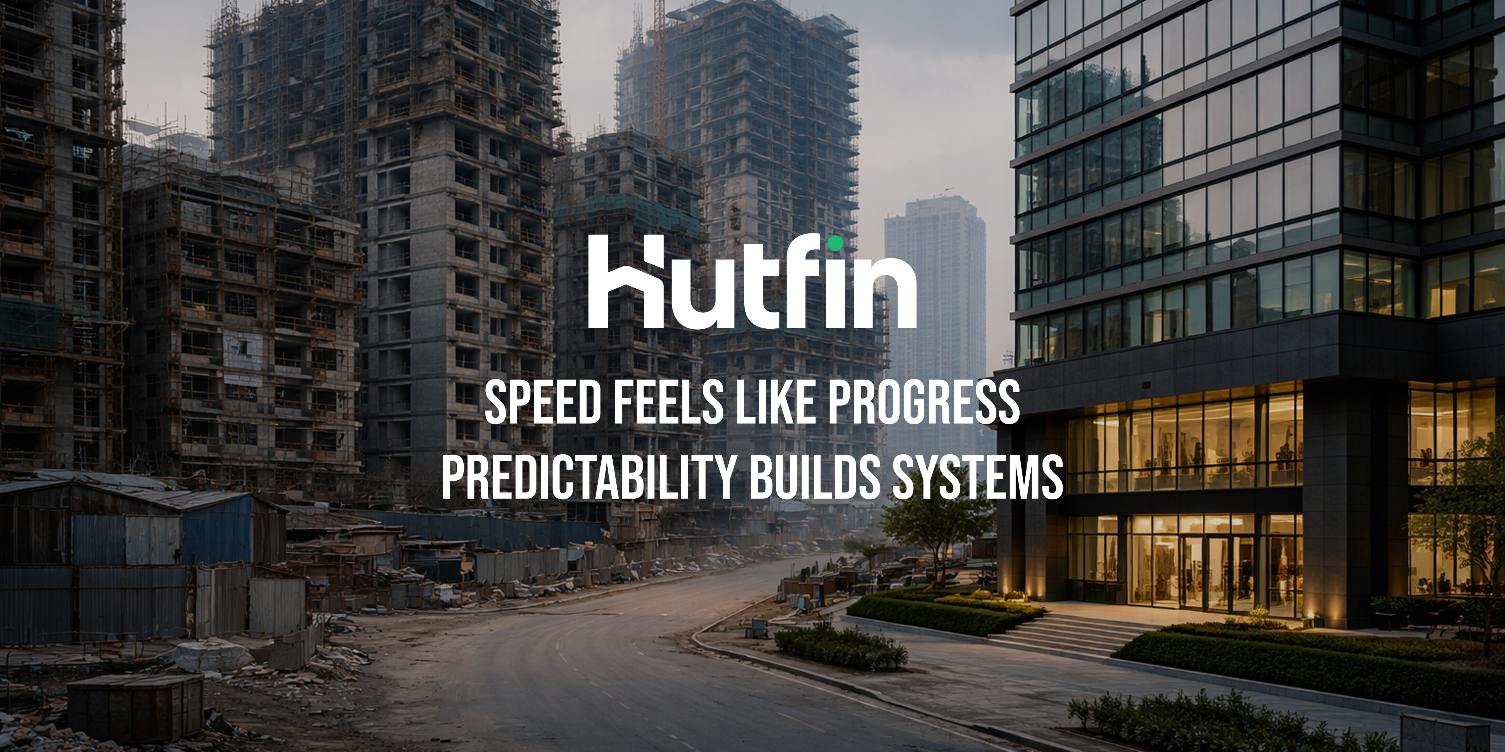 Urban construction site with unfinished high-rise buildings alongside a completed modern office building, highlighting contrast between rapid development and structured stability.