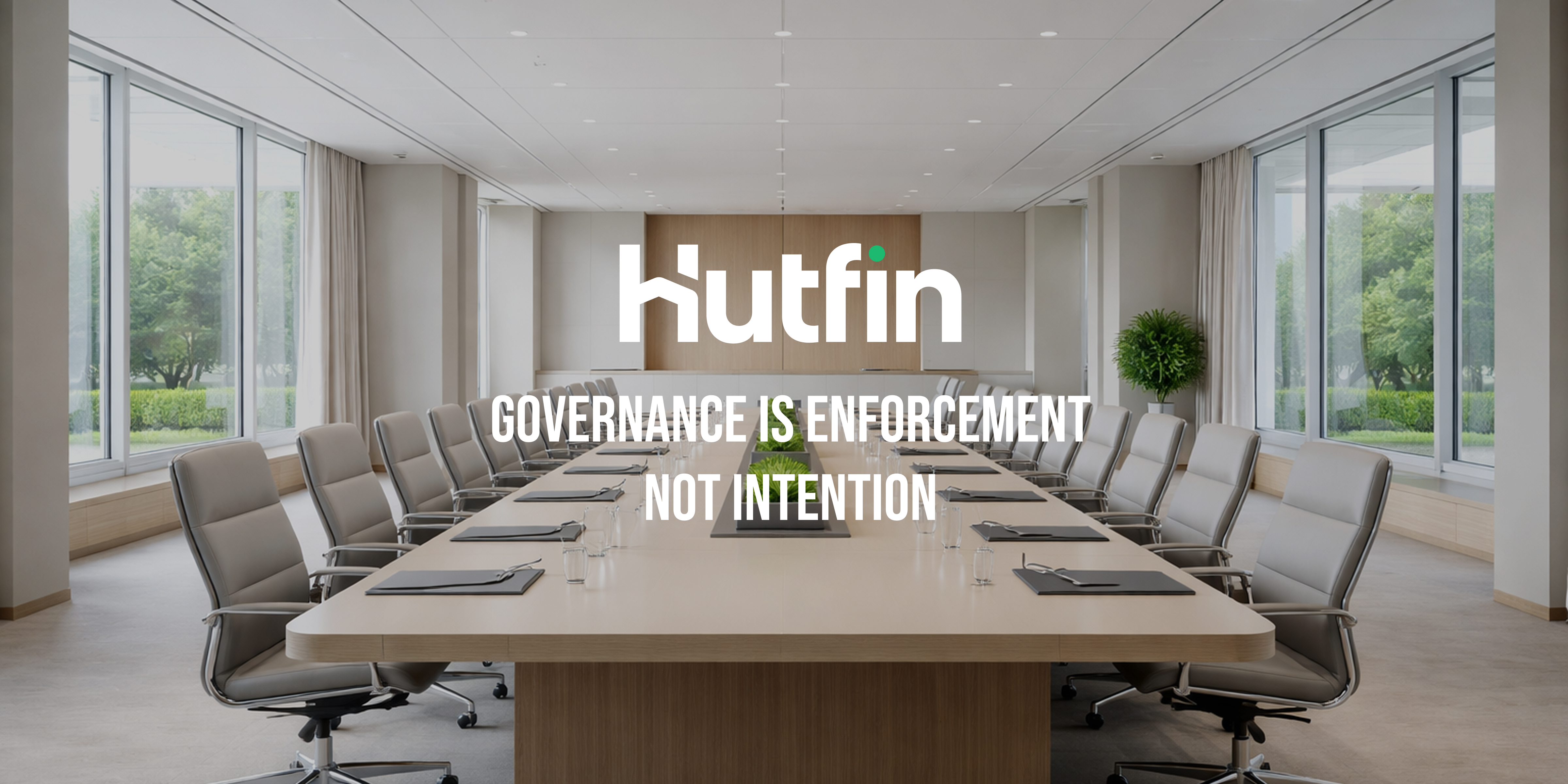 Modern corporate boardroom with a long conference table and empty chairs, conveying formal governance and structured decision-making.