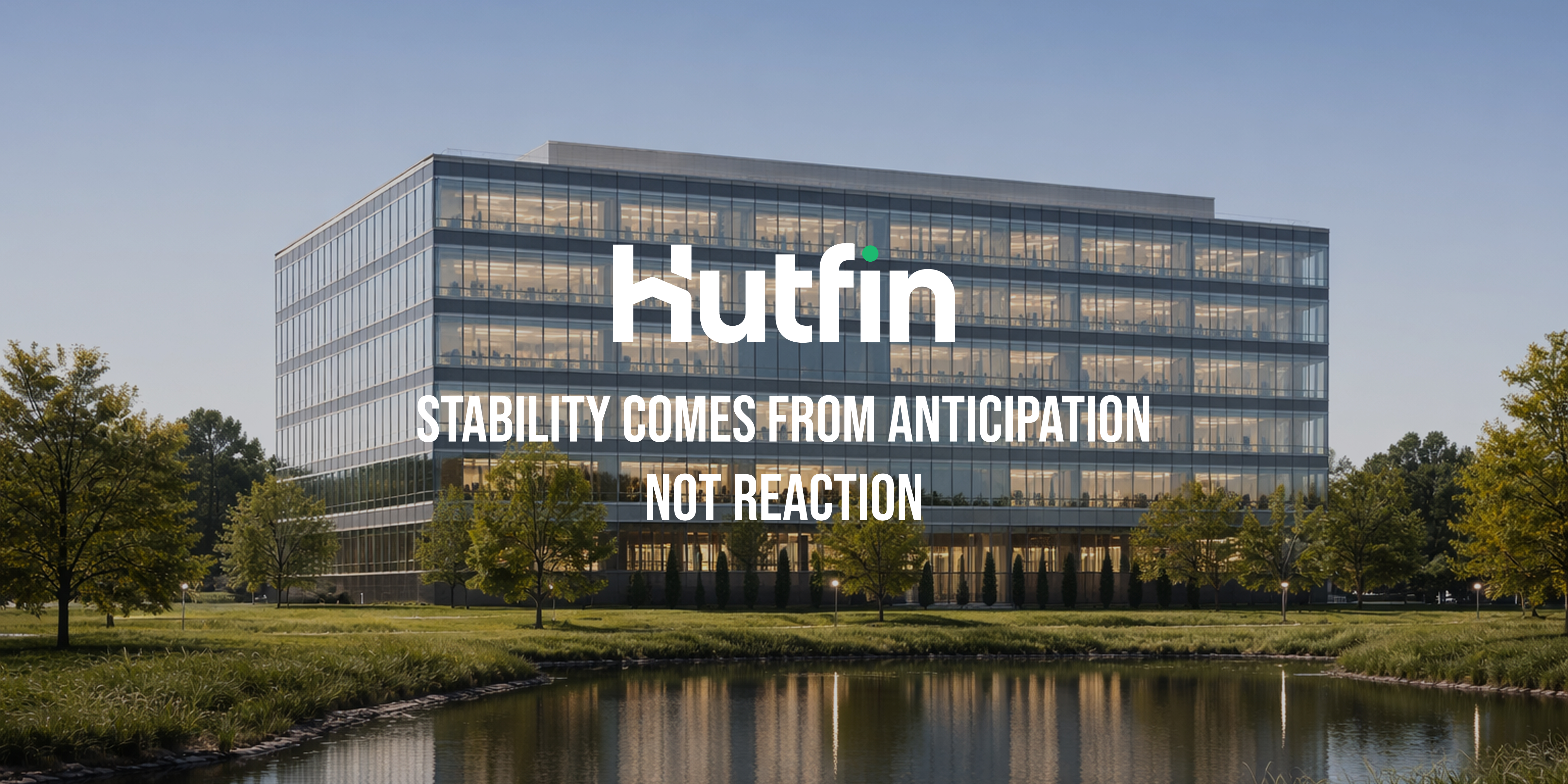 Modern glass office building reflected in a calm water feature, surrounded by landscaped greenery under a clear sky.