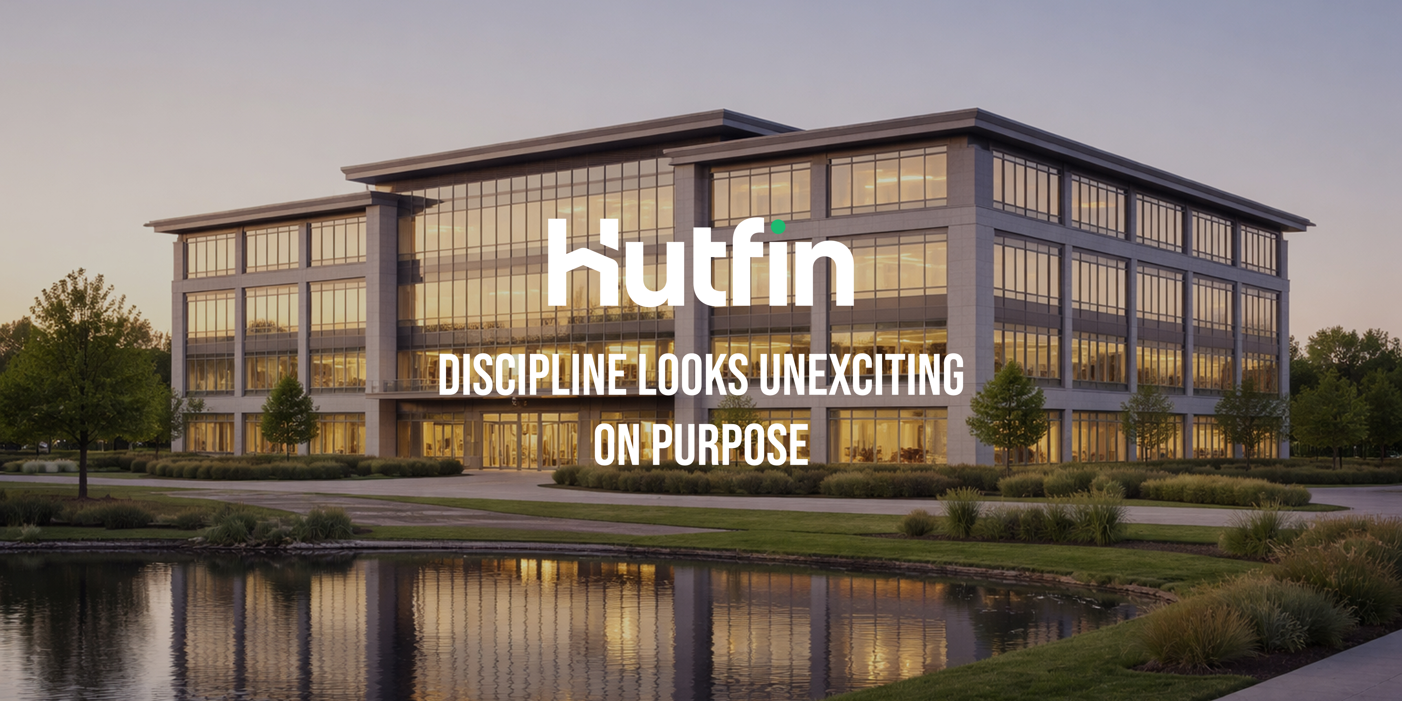 Modern office building designed with calm symmetry and controlled architectural lines.