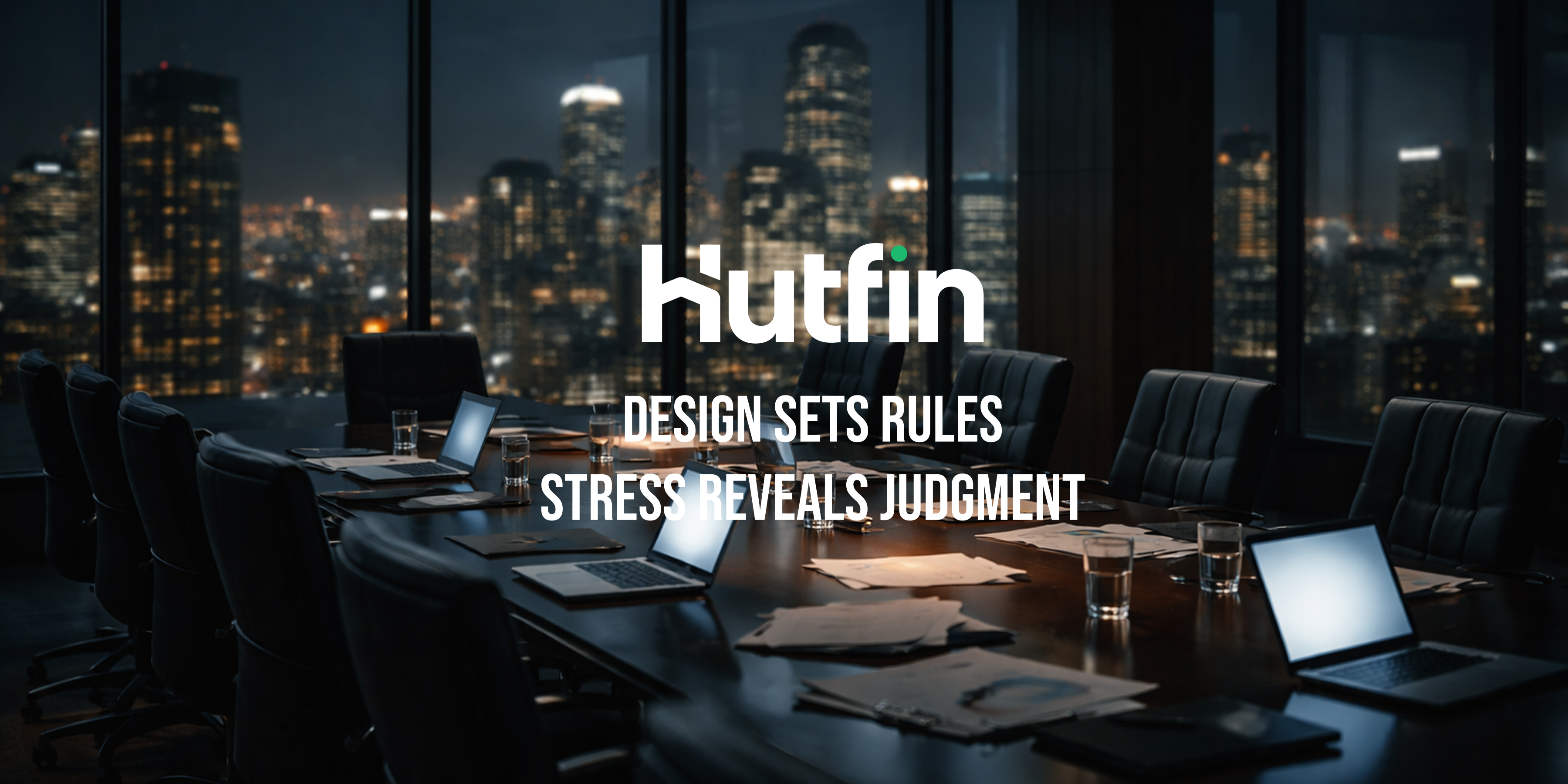 Modern corporate boardroom at night with city skyline visible through floor-to-ceiling windows.