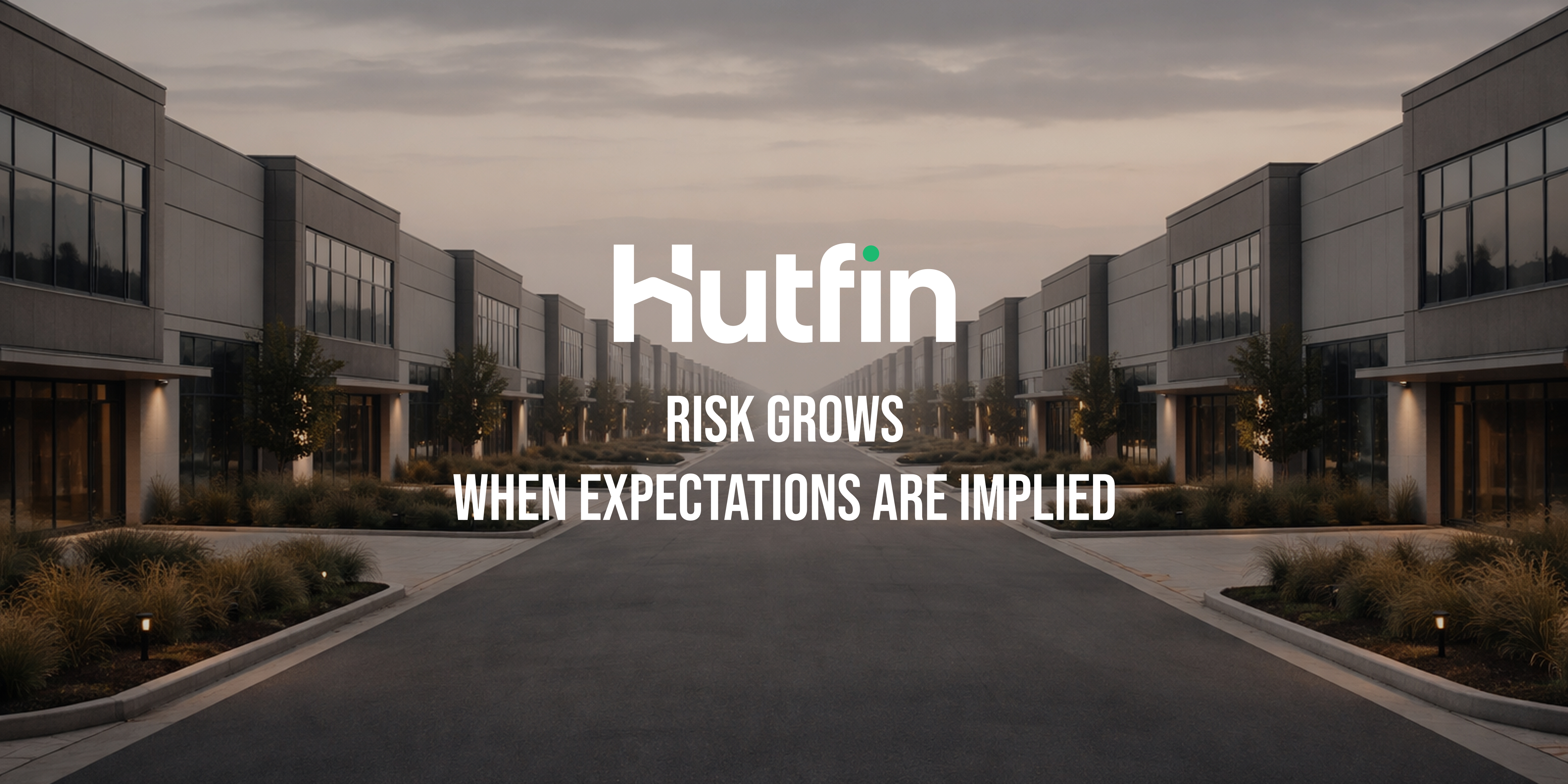 Symmetrical view of modern commercial buildings lining a quiet roadway at dusk, conveying order, scale, and long-term structural planning.
