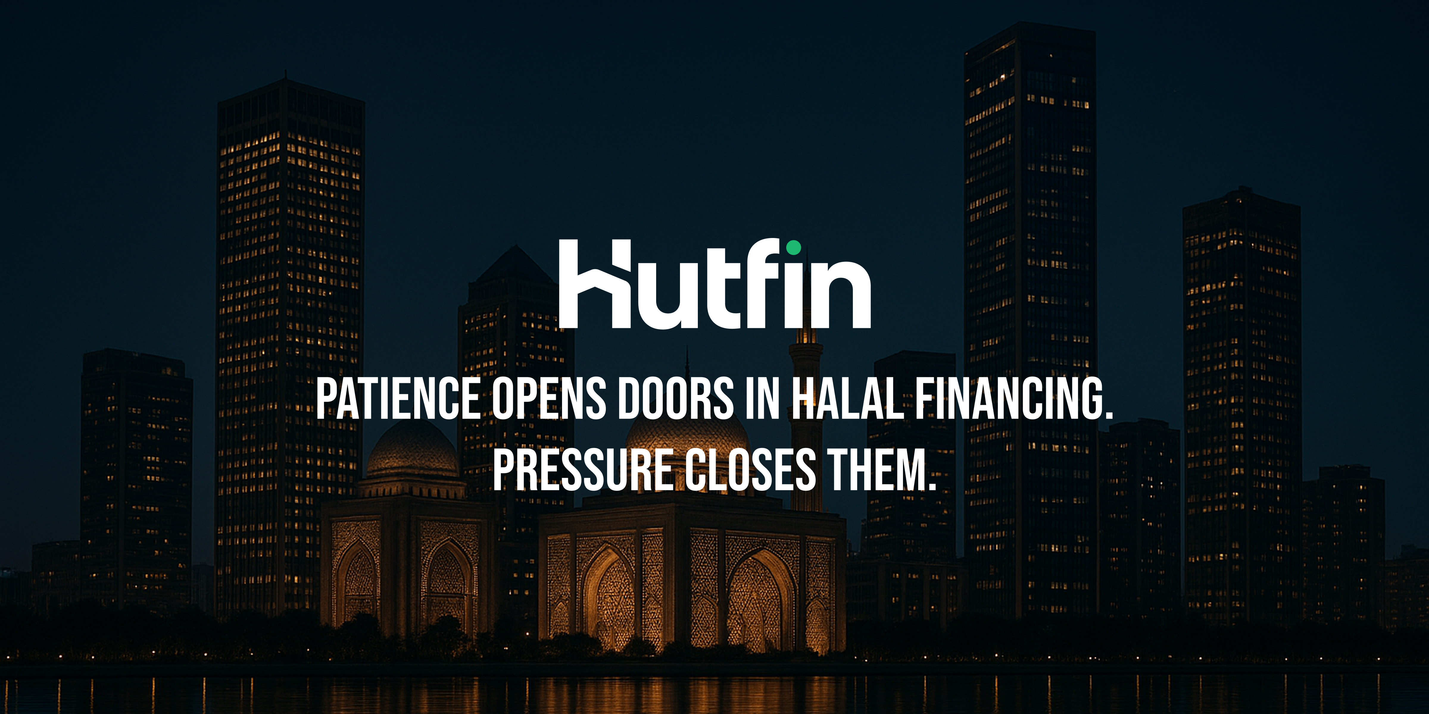 A night-time city skyline featuring illuminated modern skyscrapers behind an ornate, beautifully lit mosque with domes and arches reflecting on the water.