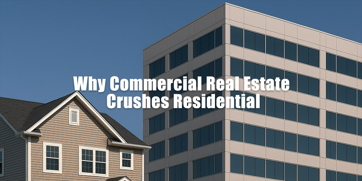 Comparison of a suburban house and a modern commercial office building side by side, symbolizing residential versus commercial real estate.