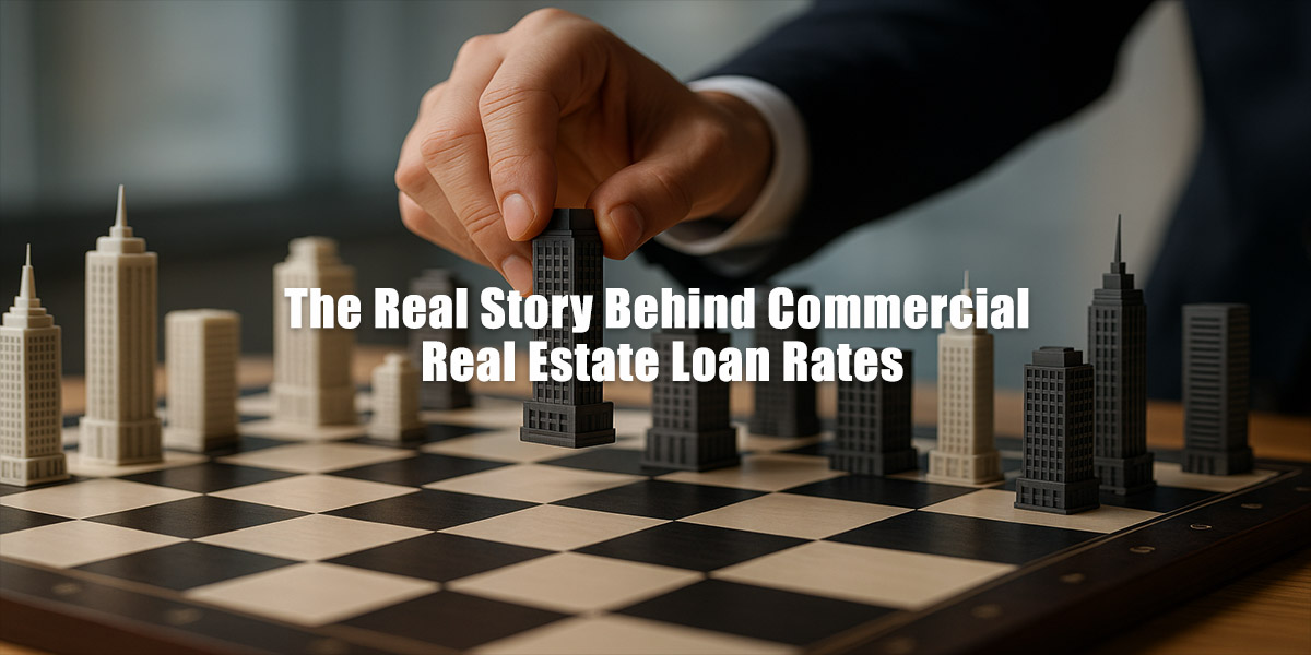A hand in a business suit moves a skyscraper-shaped chess piece on a chessboard filled with miniature buildings, symbolizing strategic decision-making in commercial real estate investing.