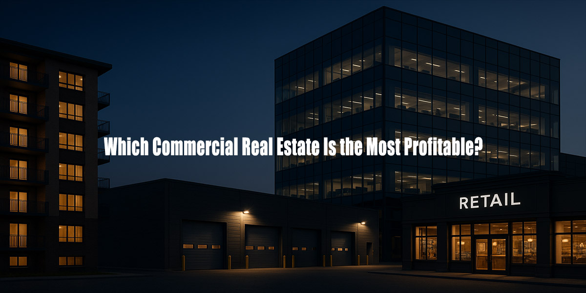 Twilight view of diverse commercial real estate buildings including a lit apartment complex, dark warehouse with loading docks, a modern glass office tower, and a retail storefront with illuminated signage. White overlay text reads: 'Which Commercial Real Estate Is the Most Profitable?