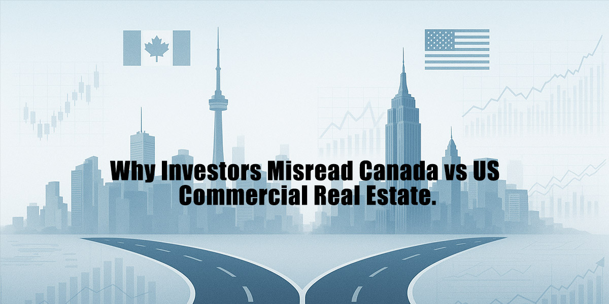 Illustration of a forked road leading toward two skylines - Toronto with the CN Tower on the left and New York City with the Empire State Building on the right, overlaid with subtle financial graphs and Canadian and U.S. flags. A headline text in the center reads: ‘Why Investors Misread Canada vs US Commercial Real Estate.’
