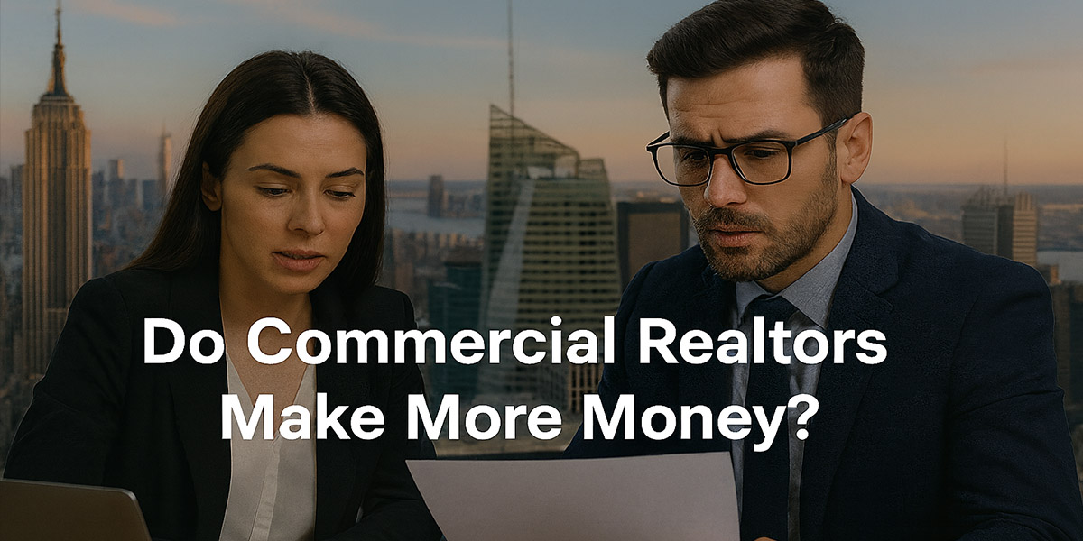 Two real estate professionals reviewing documents with a modern city skyline in the background at sunset. Centered overlay text reads: 'Do Commercial Realtors Make More Money?