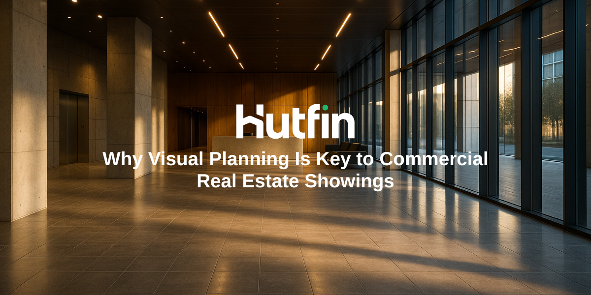 Modern commercial building lobby with sleek design, large glass windows, and warm natural light, representing professional real estate showings.