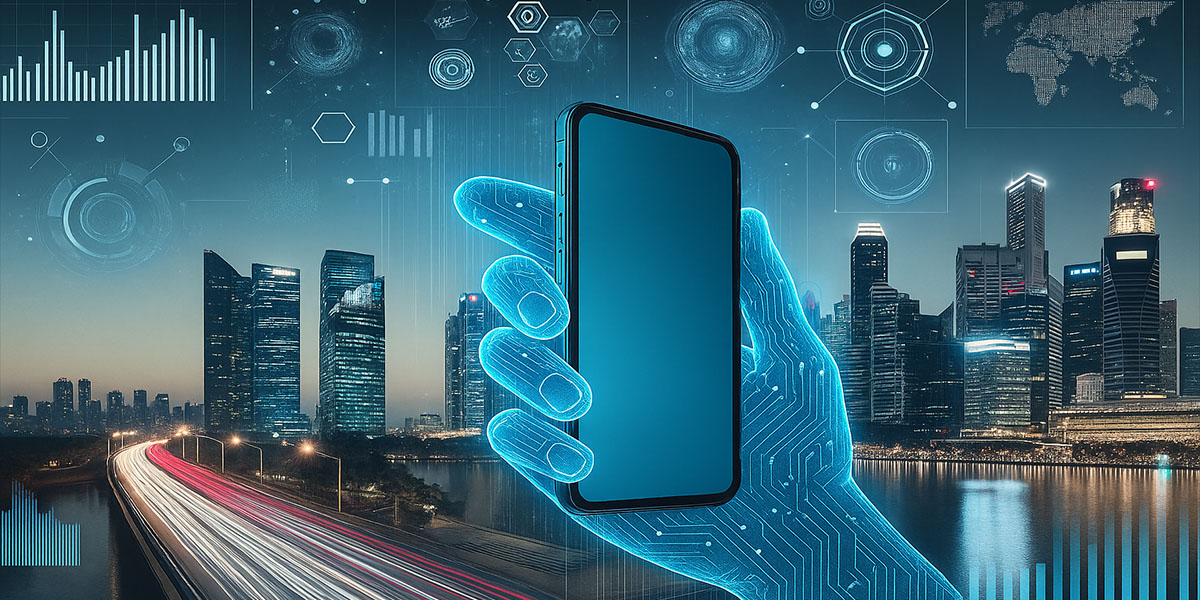 Futuristic digital hand holding a smartphone against a city skyline, representing real estate technology and innovation