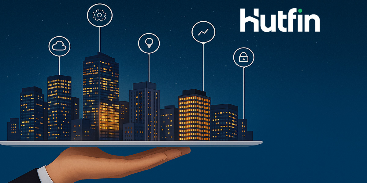 A modern flat-style digital illustration showing a central urban skyline and abstract property icons, symbolizing technology-driven real estate investment.
