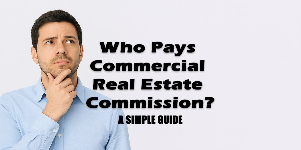 Man in a light blue shirt looking thoughtful, with centered bold text that reads “Who Pays Commercial Real Estate Commission? A Simple Guide.