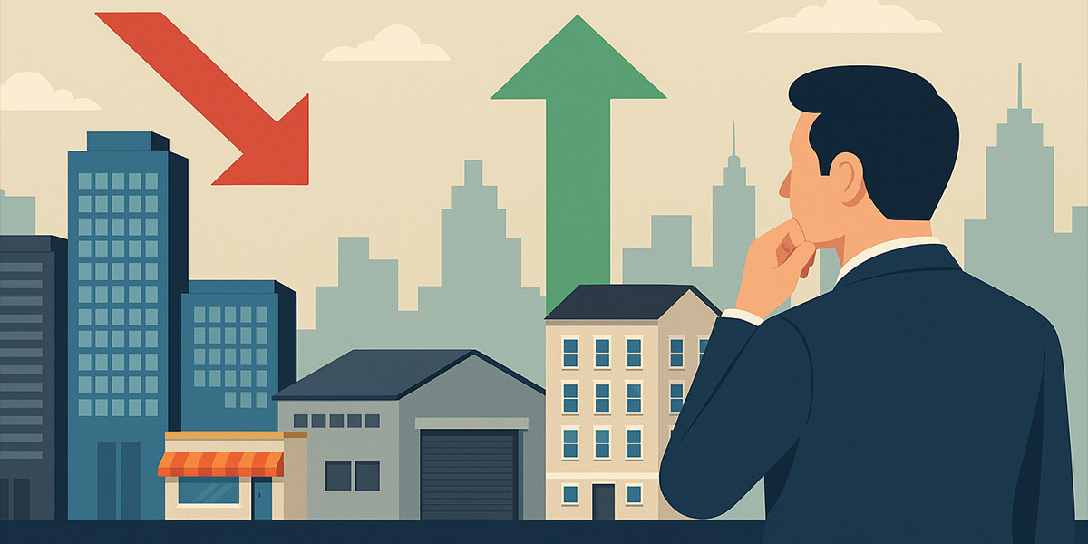 Minimalist digital illustration of a businessman in a dark suit observing the commercial real estate market. The scene features office buildings, a warehouse, a retail shop, and a multifamily building, with large red and green arrows indicating declining office values and growth in industrial and residential sectors, set against a stylized city skyline.