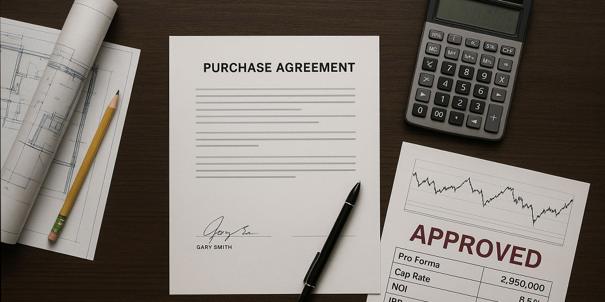 Flat lay of a real estate investor’s workspace with a purchase agreement, architectural blueprint, pencil, calculator, and an approved investment report displaying financial metrics.