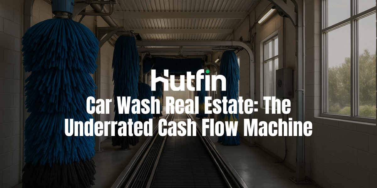 A clean automated car wash tunnel with large blue rotating brushes and a smooth conveyor belt under natural daylight, with the Hutfin logo and the title “Car Wash Real Estate: The Underrated Cash Flow Machine” displayed at the center.