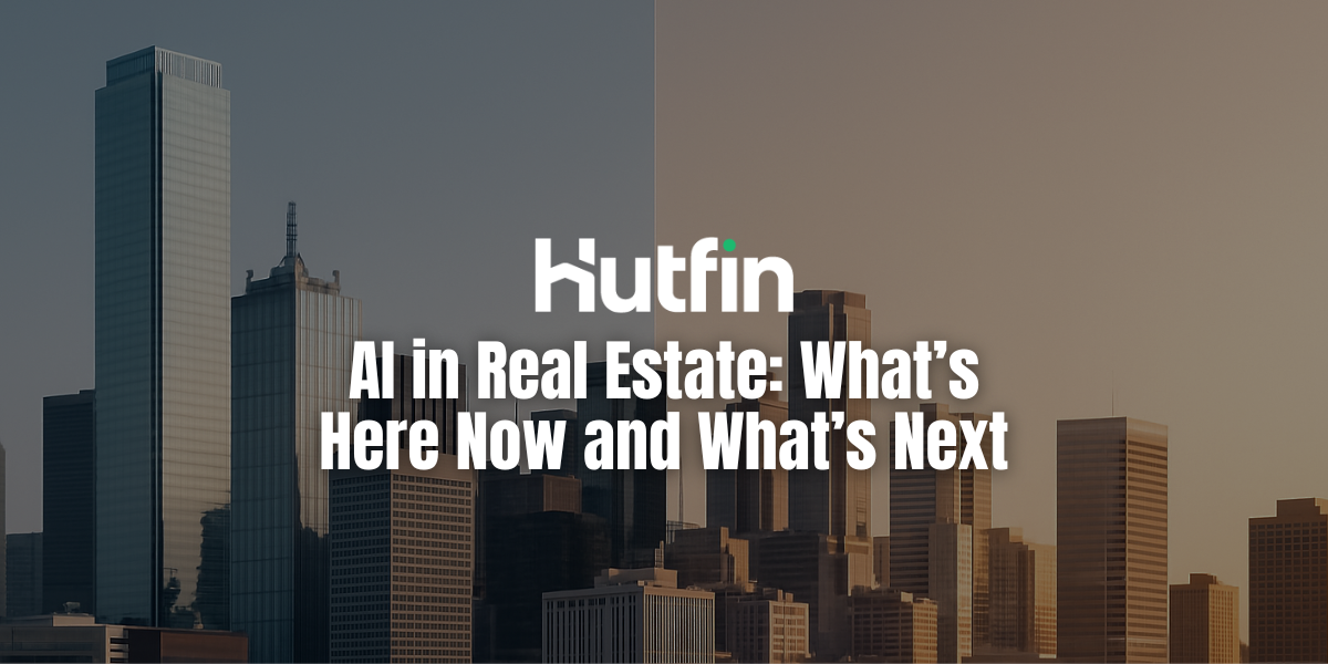 A wide commercial skyline transitioning naturally from cool morning light on the left to warm late-afternoon tones on the right, symbolizing the evolution of AI in real estate.