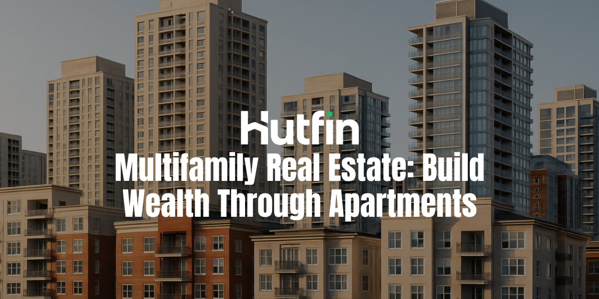A wide skyline of modern mid-rise and high-rise apartment buildings captured in warm morning light. The buildings have a mix of glass, beige concrete, and brick facades. The Hutfin logo and the title “Multifamily Real Estate: Build Wealth Through Apartments” appear centered over the image.